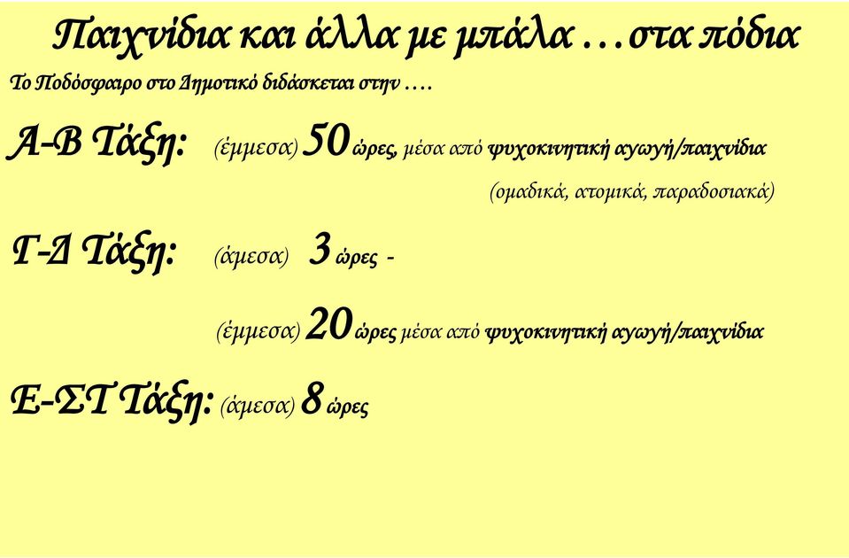 Α-Β Σάξη: (έμμεσα)50 ώρες, μέσα από ψυχοκινητική αγωγή/παιχνίδια Γ-Δ