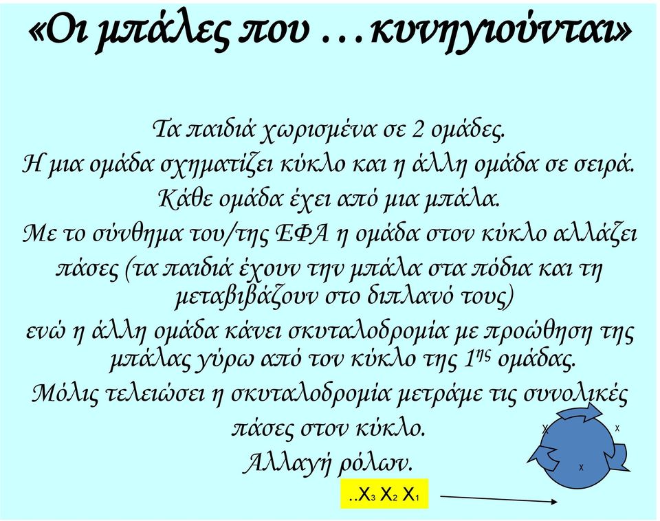 Με το σύνθημα του/της ΕΥΑ η ομάδα στον κύκλο αλλάζει πάσες (τα παιδιά έχουν την μπάλα στα πόδια και τη μεταβιβάζουν στο