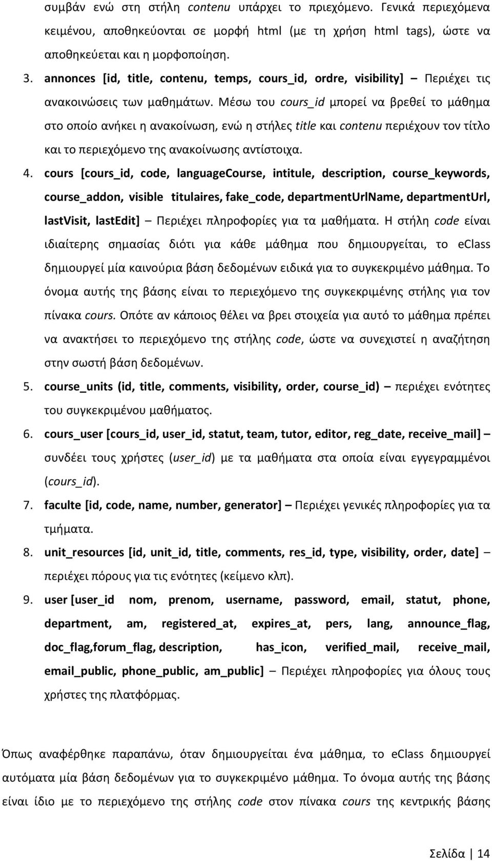 Μέσω του cours_id μπορεί να βρεθεί το μάθημα στο οποίο ανήκει η ανακοίνωση, ενώ η στήλες title και contenu περιέχουν τον τίτλο και το περιεχόμενο της ανακοίνωσης αντίστοιχα. 4.