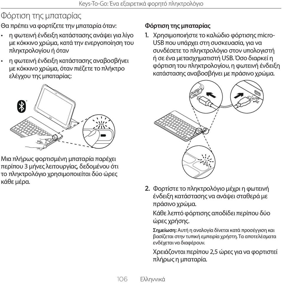 Χρησιμοποιήστε το καλώδιο φόρτισης micro- USB που υπάρχει στη συσκευασία, για να συνδέσετε το πληκτρολόγιο στον υπολογιστή ή σε ένα μετασχηματιστή USB.