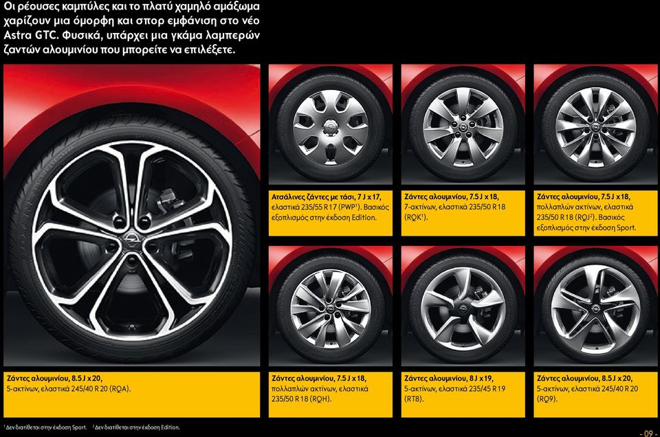 2 Ατσάλινες ζάντες με τάσι, 7 J x 17, ελαστικά 235/55 R 17 (PWP1). Βασικός εξοπλισμός στην έκδοση Edition. Ζάντες αλουμινίου, 7.5 J x 18, 7-ακτίνων, ελαστικά 235/50 R 18 (RQK1). Ζάντες αλουμινίου, 7.5 J x 18, πολλαπλών ακτίνων, ελαστικά 235/50 R 18 (RQJ2).