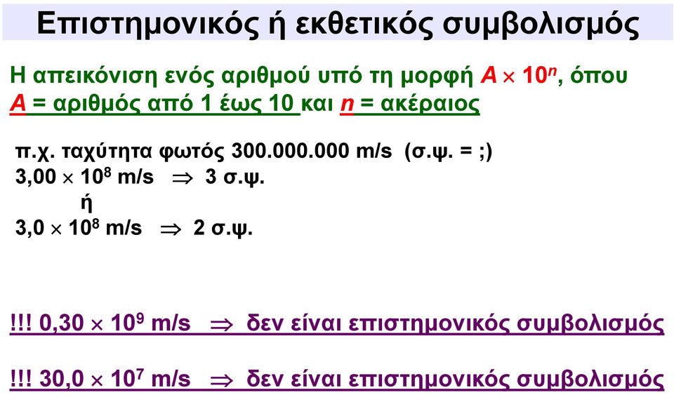 000 m/s (σ.ψ. = ;) 3,00 10 8 m/s 3 σ.ψ. ή 3,0 10 8 m/s 2 σ.ψ.!!! 0,30 10 9 m/s δεν είναι επιστημονικός συμβολισμός!