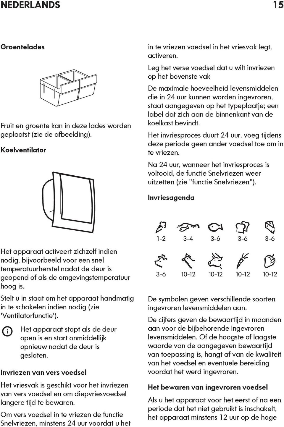 aan de binnenkant van de koelkast bevindt. Het invriesproces duurt 24 uur. voeg tijdens deze periode geen ander voedsel toe om in te vriezen.