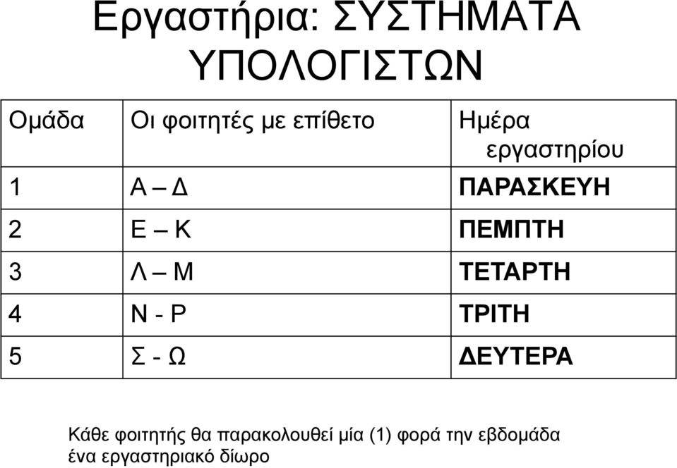 Λ Μ ΤΕΤΑΡΤΗ 4 Ν - Ρ ΤΡΙΤΗ 5 Σ - Ω ΔΕΥΤΕΡΑ Κάθε φοιτητής