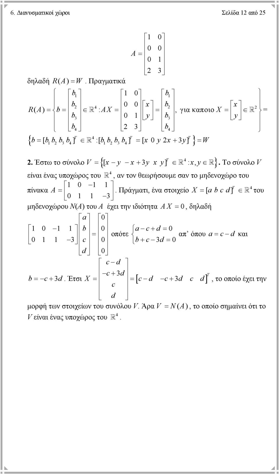 Έστω το σύνολο V {[ x y x + y x y] : x, y }. Το σύνολο V είναι ένας υποχώρος του, αν τον θεωρήσουµε σαν το µηδενοχώρο του πίνακα A.