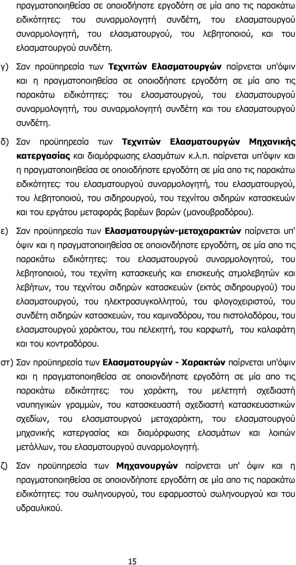 γ) Σαν προϋπηρεσία των Τεχνιτών Ελασµατουργών παίρνεται υπ'όψιν και η πραγµατοποιηθείσα σε οποιοδήποτε εργοδότη σε µία απο τις παρακάτω ειδικότητες: του ελασµατουργού, του ελασµατουργού