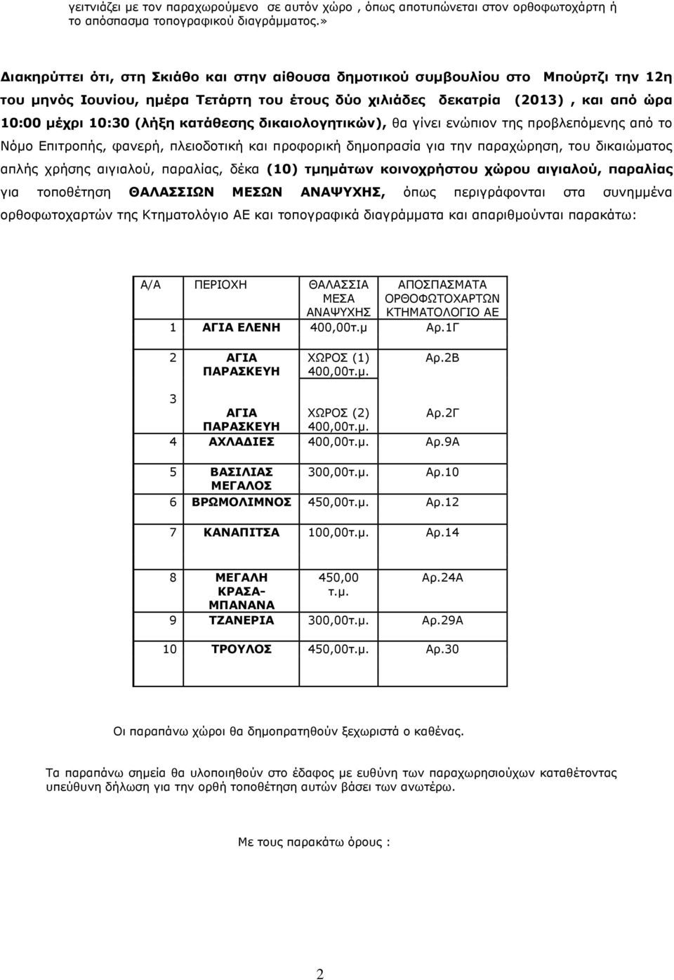 θαηάζεζεο δηθαηνινγεηηθώλ), ζα γίλεη ελψπηνλ ηεο πξνβιεπφκελεο απφ ην Λφκν Δπηηξνπήο, θαλεξή, πιεηνδνηηθή θαη πξνθνξηθή δεκνπξαζία γηα ηελ παξαρψξεζε, ηνπ δηθαηψκαηνο απιήο ρξήζεο αηγηαινχ, παξαιίαο,