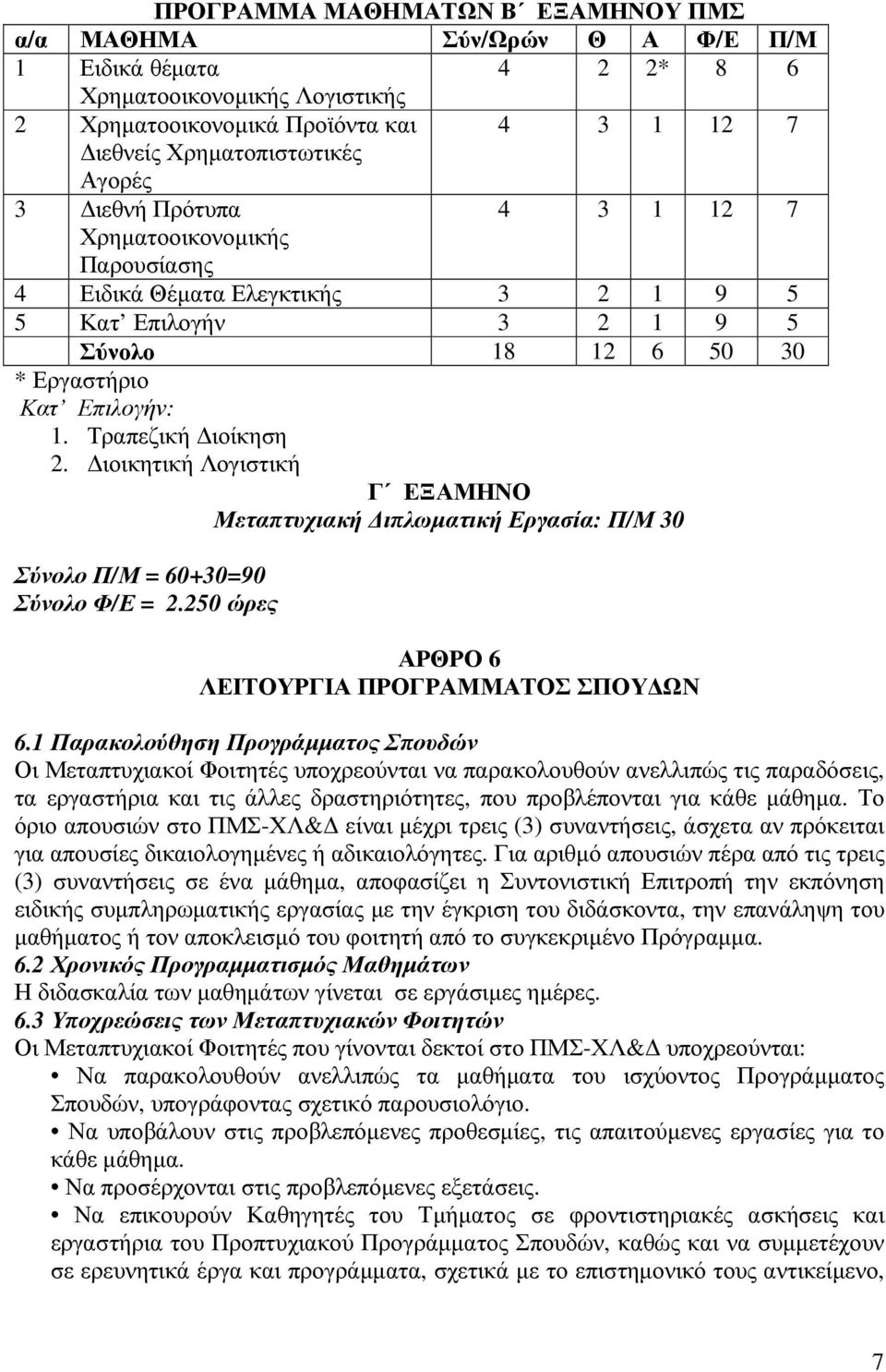 ιοικητική Λογιστική Γ ΕΞΑΜΗΝΟ Μεταπτυχιακή ιπλωµατική Εργασία: Π/Μ 30 Σύνολο Π/Μ = 60+30=90 Σύνολο Φ/Ε = 2.250 ώρες ΑΡΘΡΟ 6 ΛΕΙΤΟΥΡΓΙΑ ΠΡΟΓΡΑΜΜΑΤΟΣ ΣΠΟΥ ΩΝ 6.