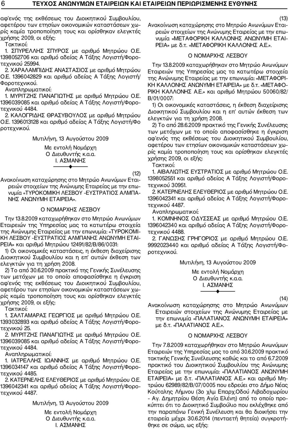 2. ΚΑΛΟΓΡΙΔΗΣ ΘΡΑΣΥΒΟΥΛΟΣ με αριθμό Μητρώου Ο.Ε. 1396013128 και αριθμό αδείας Α Τάξης Λογιστή/Φο ροτεχνικού.