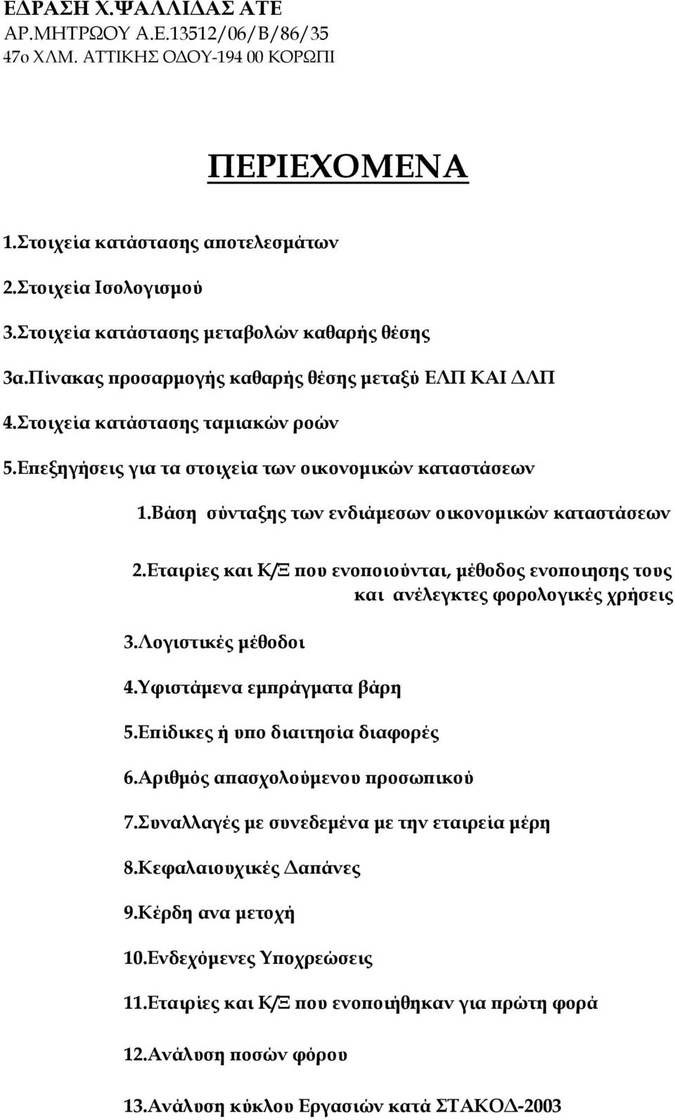 Εταιρίες και Κ/Ξ που ενοποιούνται, μέθοδος ενοποιησης τους και ανέλεγκτες φορολογικές χρήσεις 3.Λογιστικές μέθοδοι 4.Υφιστάμενα εμπράγματα βάρη 5.Επίδικες ή υπο διαιτησία διαφορές 6.