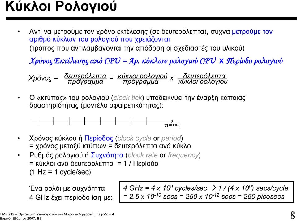 κύκλων ρολογιού CPU x Περίοδορολογιού Χρόνος = δευτερόλεπτα = κύκλοι ρολογιού x δευτερόλεπτα πρόγραμμα πρόγραμμα κύκλοι ρολογιού Ο «κτύπος» του ρολογιού (clock tick) υποδεικνύει την έναρξη κάποιας