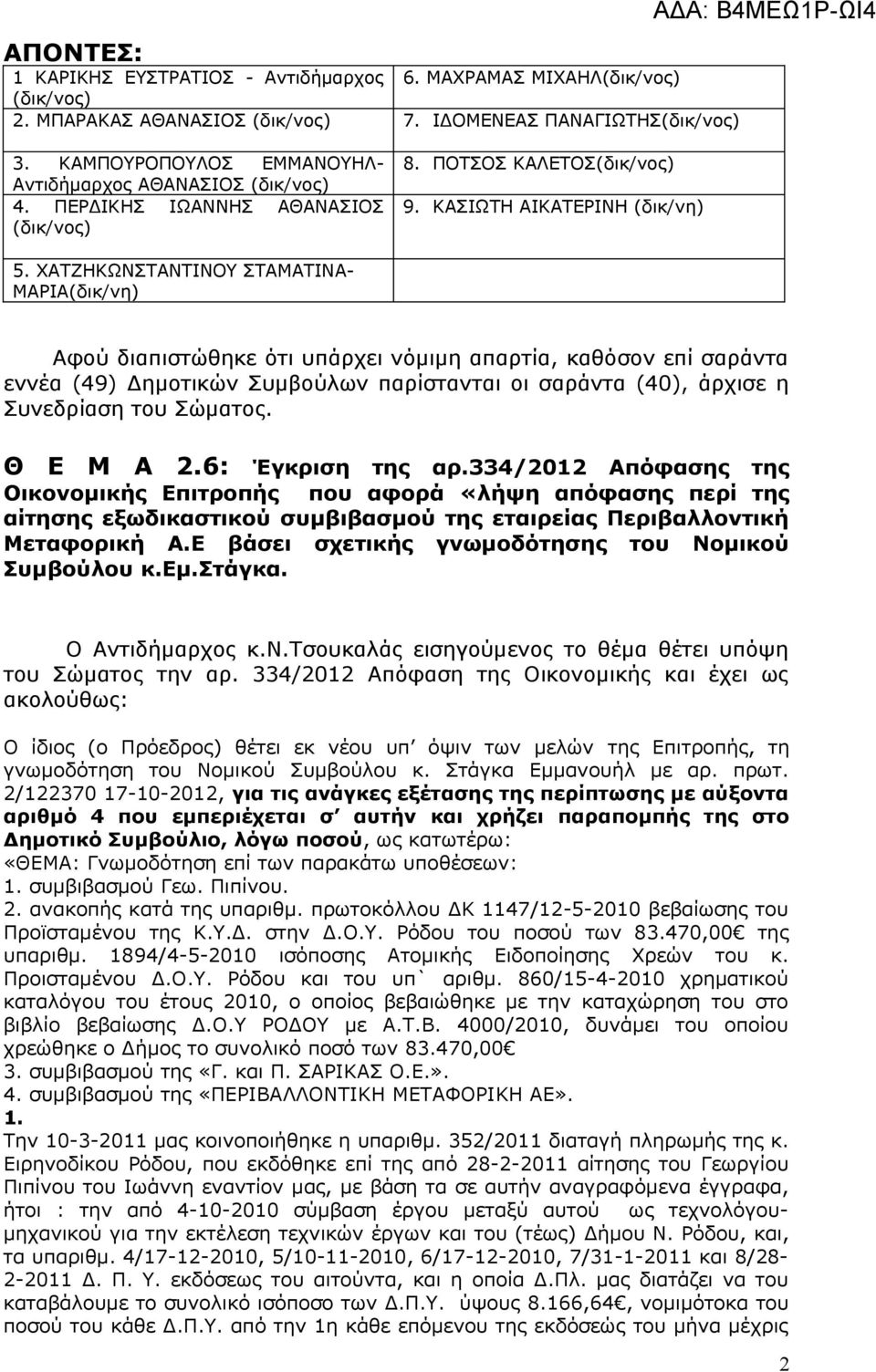 ΧΑΤΖΗΚΩΝΣΤΑΝΤΙΝΟΥ ΣΤΑΜΑΤΙΝΑ- ΜΑΡΙΑ(δικ/νη) Αφού διαπιστώθηκε ότι υπάρχει νόμιμη απαρτία, καθόσον επί σαράντα εννέα (49) Δημοτικών Συμβούλων παρίστανται οι σαράντα (40), άρχισε η Συνεδρίαση του