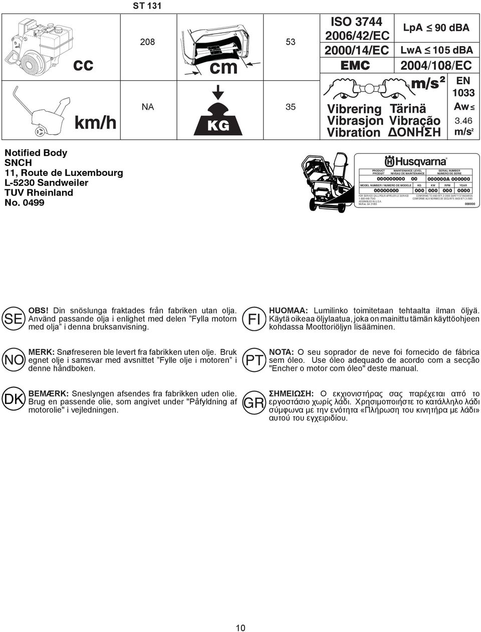 SERVICE CALL/POUR APPELER LE SERVICE CONFORMS TO ANSI B7.3-2005 SAFETY STANDARDS -800-448-7543 CONFORME AUX NORMES DE SECURITE ANSI B7.3-2005 ASSEMBLED IN U.S.A. McRae, GA 3055 000000 OBS!