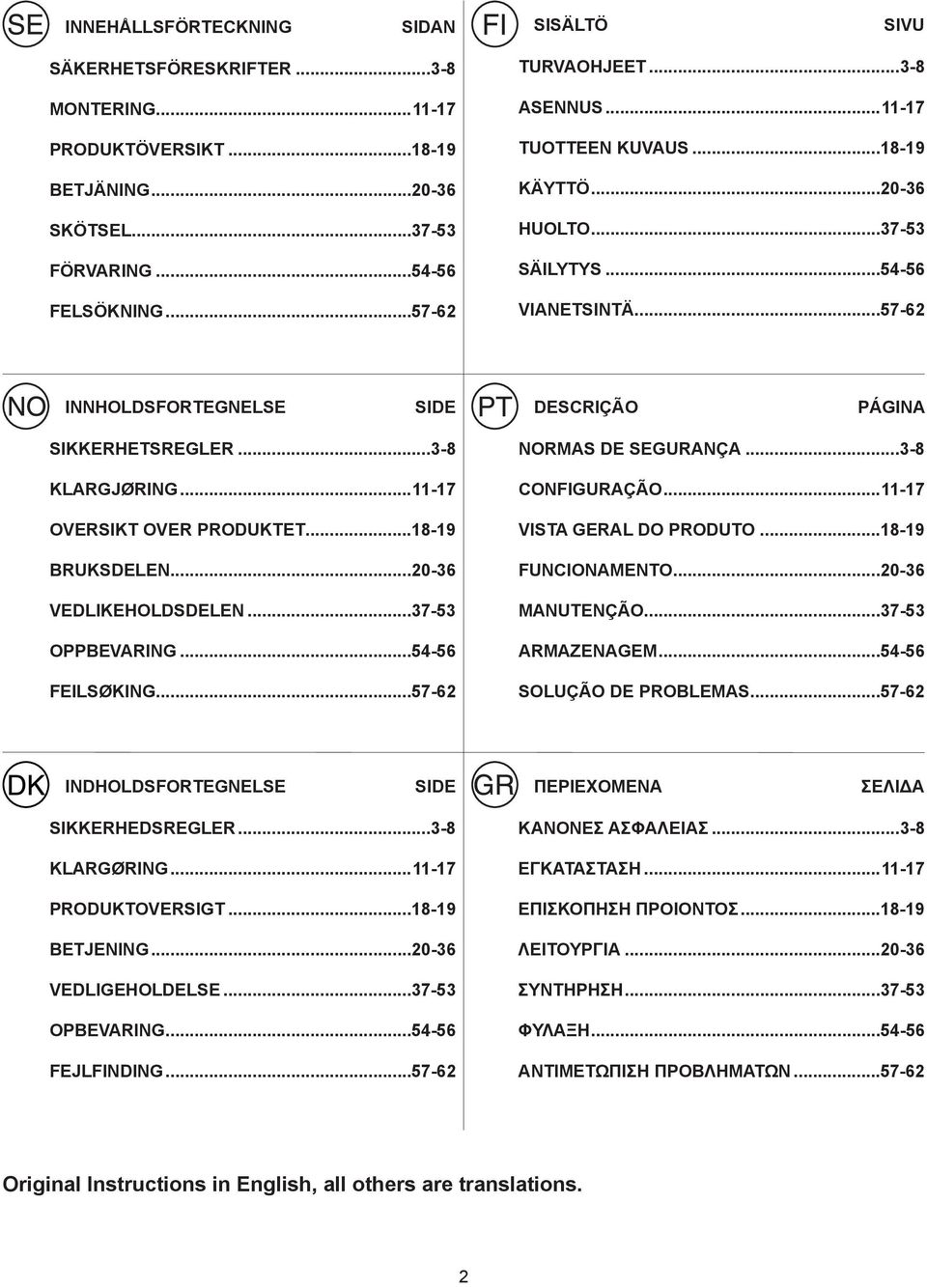 ..-7 OVERSIKT OVER PRODUKTET...8-9 BRUKSDELEN...20-36 VEDLIKEHOLDSDELEN...37-53 OPPBEVARING...54-56 FEILSØKING...57-62 NORMAS DE SEGURANÇA...3-8 CONFIGURAÇÃO...-7 VISTA GERAL DO PRODUTO.