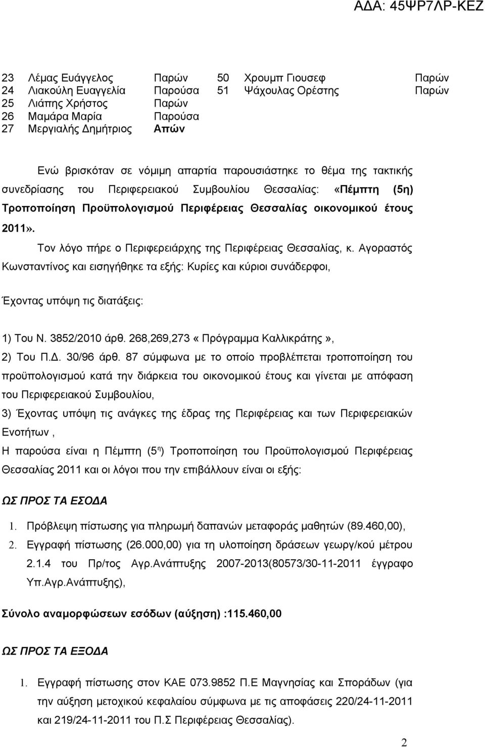 Τον λόγο πήρε ο Περιφερειάρχης της Περιφέρειας Θεσσαλίας, κ. Αγοραστός Κωνσταντίνος και εισηγήθηκε τα εξής: Κυρίες και κύριοι συνάδερφοι, Έχοντας υπόψη τις διατάξεις: 1) Του Ν. 3852/2010 άρθ.