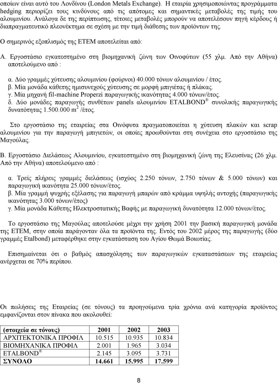 Ο σηµερινός εξοπλισµός της ΕΤΕΜ αποτελείται από: Α. Εργοστάσιο εγκατεστηµένο στη βιοµηχανική ζώνη των Οινοφύτων (55 χλµ. Από την Αθήνα) αποτελούµενο από : α.