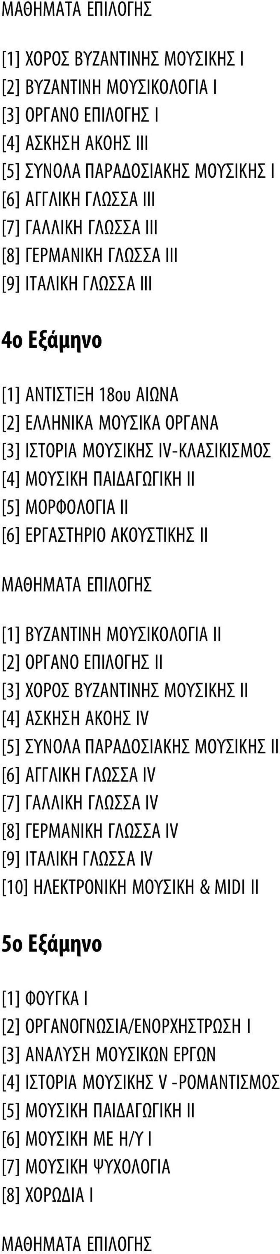 ΑΚΟΥΣΤΙΚΗΣ ΙΙ [1] ΒΥΖΑΝΤΙΝΗ ΜΟΥΣΙΚΟΛΟΓΙΑ ΙΙ [2] ΟΡΓΑΝΟ ΕΠΙΛΟΓΗΣ ΙΙ [3] ΧΟΡΟΣ ΒΥΖΑΝΤΙΝΗΣ ΜΟΥΣΙΚΗΣ ΙΙ [4] ΑΣΚΗΣΗ ΑΚΟΗΣ IV [5] ΣΥΝΟΛΑ ΠΑΡΑΔΟΣΙΑΚΗΣ ΜΟΥΣΙΚΗΣ ΙΙ [6] ΑΓΓΛΙΚΗ ΓΛΩΣΣΑ IV [7] ΓΑΛΛΙΚΗ ΓΛΩΣΣΑ IV