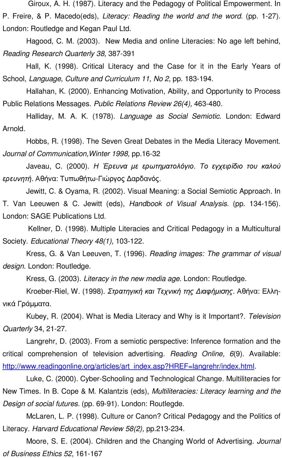 Critical Literacy and the Case for it in the Early Years of School, Language, Culture and Curriculum 11, No 2, pp. 183-194. Hallahan, K. (2000).