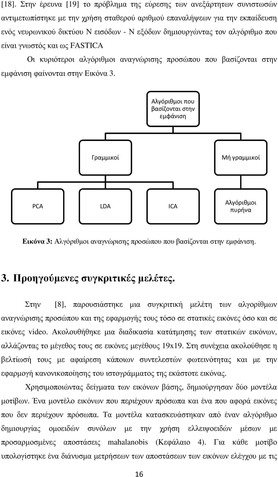 Αλγόριθμοι που βασίζονται στην εμφάνιση Γραμμικοί Μή γραμμικοί PCA LDA ICA Αλγόριθμοι πυρήνα Εικόνα 3: Αλγόριθµοι αναγνώρισης προσώπου που βασίζονται στην εµφάνιση. 3. Προηγούµενες συγκριτικές µελέτες.