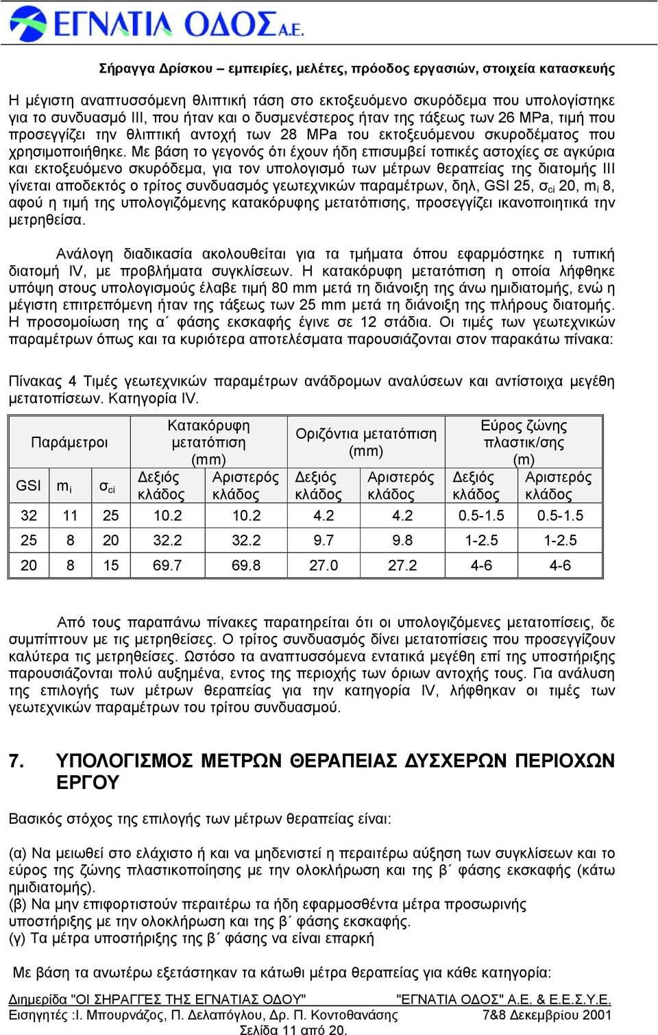 Μεβάση το γεγονός ότι έχουν ήδη επισυ μβείτοπικές αστοχίεςσεαγκύρια και εκτοξευόμενο σκυρόδεμα, για τον υπολογισμό των μέτρων θεραπείας της διατομής ΙΙΙ γίνεται αποδεκτός ο τρίτος συνδυασμός