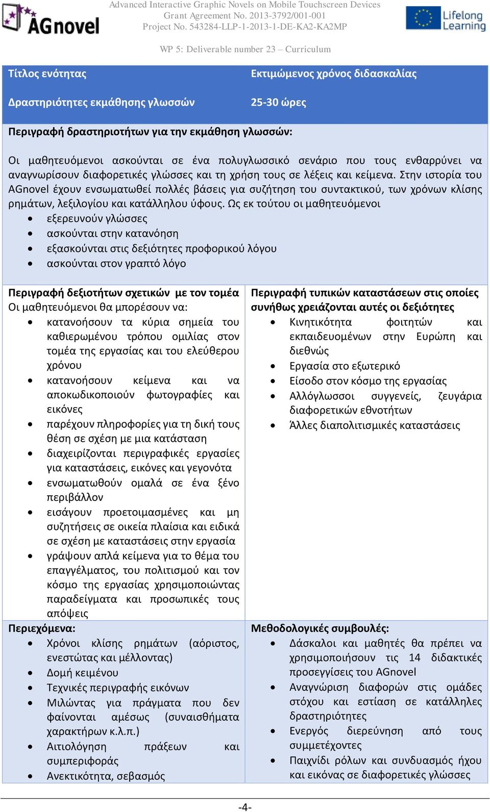 Στην ιστορία του AGnovel έχουν ενσωματωθεί πολλές βάσεις για συζήτηση του συντακτικού, των χρόνων κλίσης ρημάτων, λεξιλογίου και κατάλληλου ύφους.