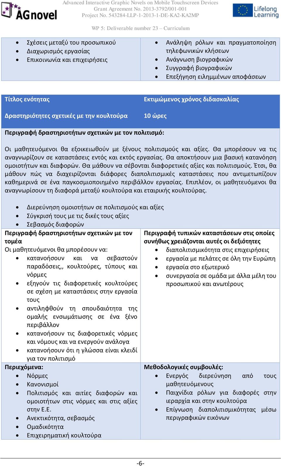 ξένους πολιτισμούς και αξίες. Θα μπορέσουν να τις αναγνωρίζουν σε καταστάσεις εντός και εκτός εργασίας. Θα αποκτήσουν μια βασική κατανόηση ομοιοτήτων και διαφορών.