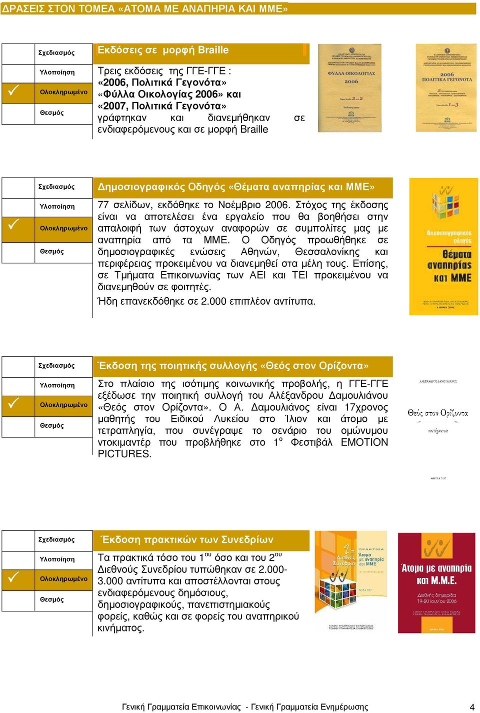 «Θέµατα αναπηρίας και ΜΜΕ» 77 σελίδων, εκδόθηκε το Νοέµβριο 2006.