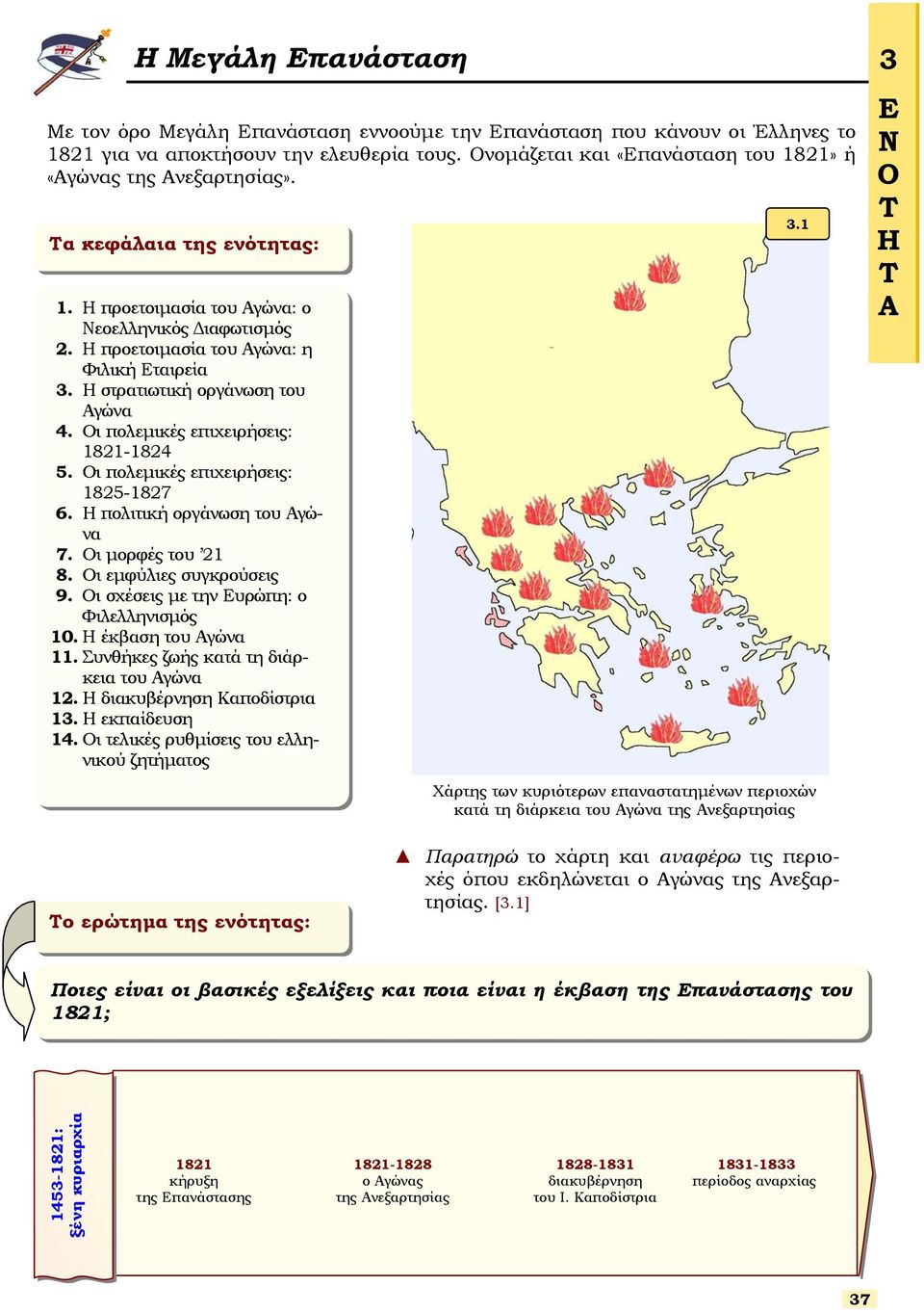 Οι πολεµικές επιχειρήεις: 1825-1827 6. Η πολιτική οργάνωη του Αγώνα 7. Οι µορφές του 21 8. Οι εµφύλιες υγκρούεις 9. Οι χέεις µε την Ευρώπη: ο Φιλελληνιµός 10. Η έκβαη του Αγώνα 11.