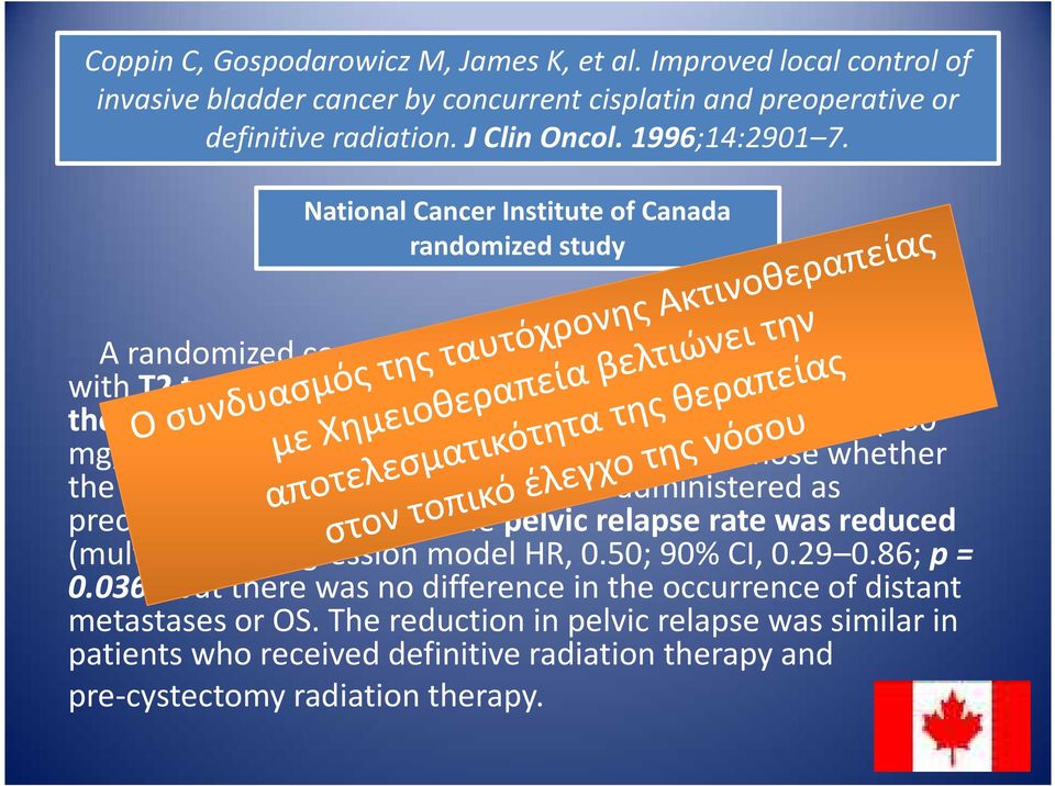 without three 14-day cycles of cisplatin (100 mg/m2 on day 1). Patients and their physicians chose whether the radiation therapy was definitive or administered as precystectomy treatment.