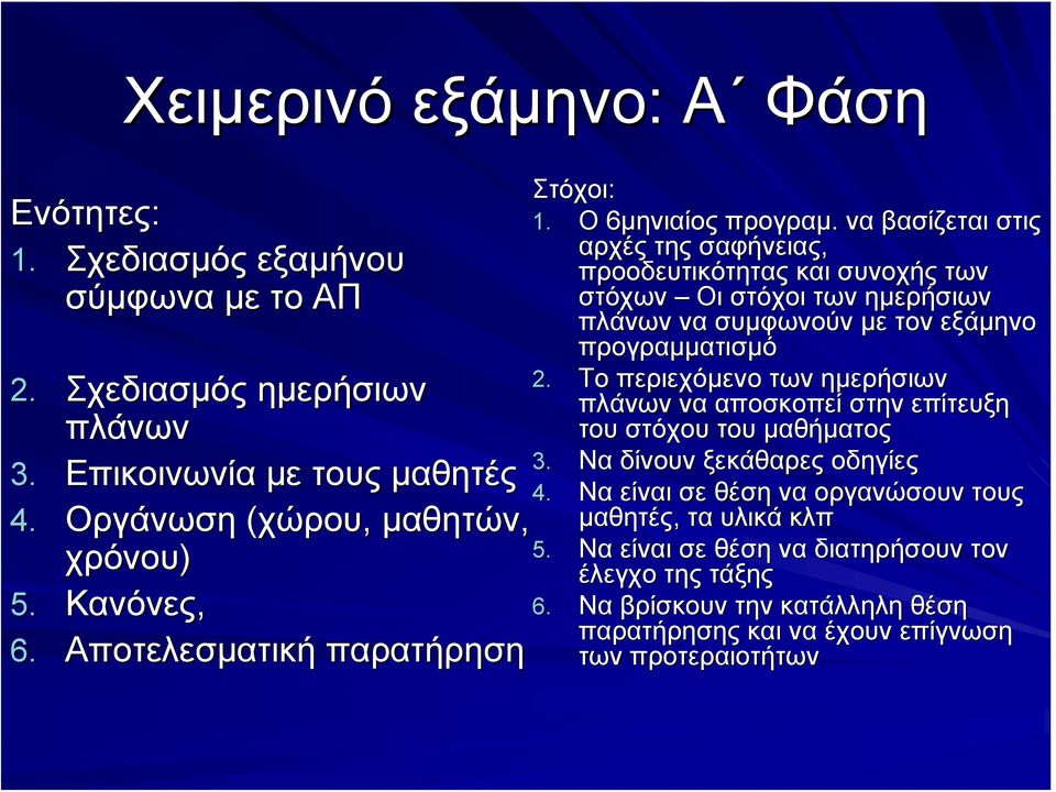 να βασίζεται στις αρχές της σαφήνειας, προοδευτικότητας και συνοχής των στόχων Οι στόχοι των ημερήσιων πλάνων να συμφωνούν με τον εξάμηνο προγραμματισμό 2.