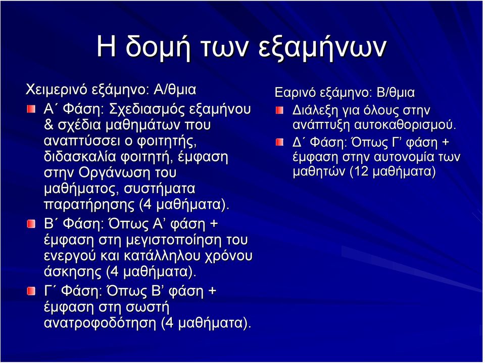 Β Φάση: Όπως Α φάση + έμφαση στη μεγιστοποίηση του ενεργού και κατάλληλου χρόνου άσκησης (4 μαθήματα).