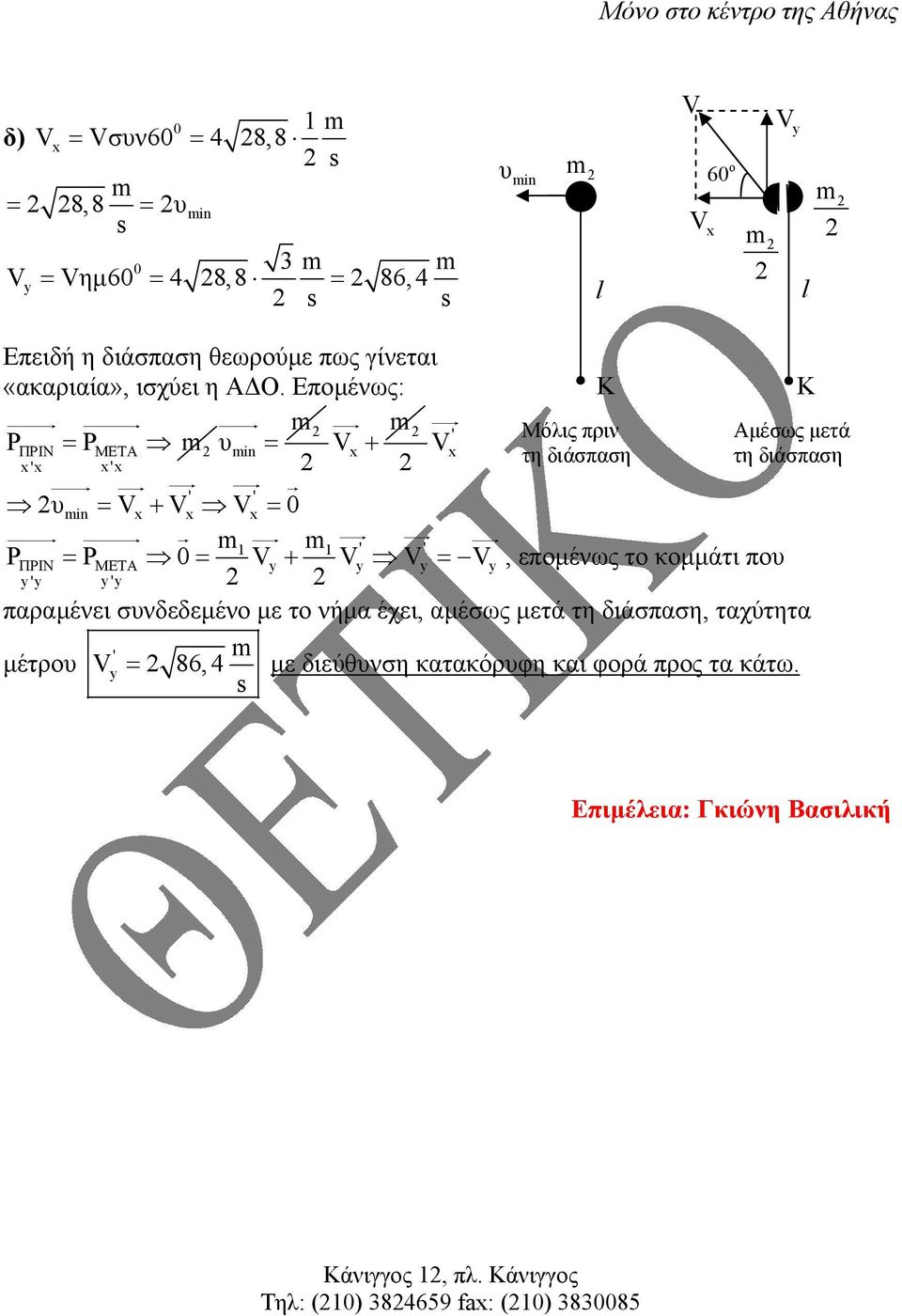 Εποµένως: K K ' Μόλις πριν PΠΡΙΝ = PMETA in = Vx + V x x'x x'x τη διάσπαση ' ' in = Vx + Vx Vx = ' ' PΠΡΙΝ = PMETA = Vy + Vy Vy = Vy,