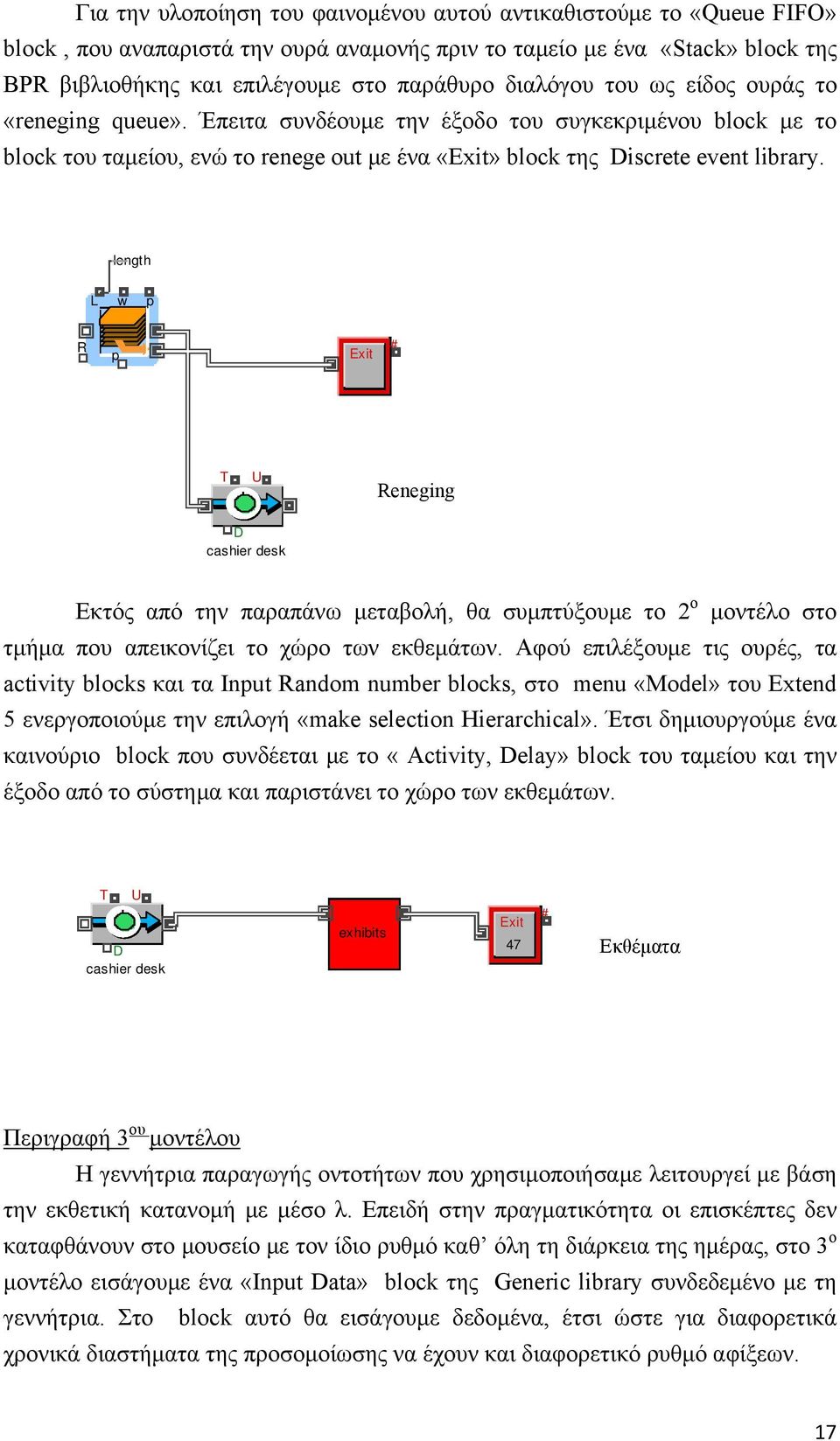 length L w p R p Exit # T U Reneging D cashier desk Εκτός από την παραπάνω μεταβολή, θα συμπτύξουμε το 2 ο μοντέλο στο τμήμα που απεικονίζει το χώρο των εκθεμάτων.