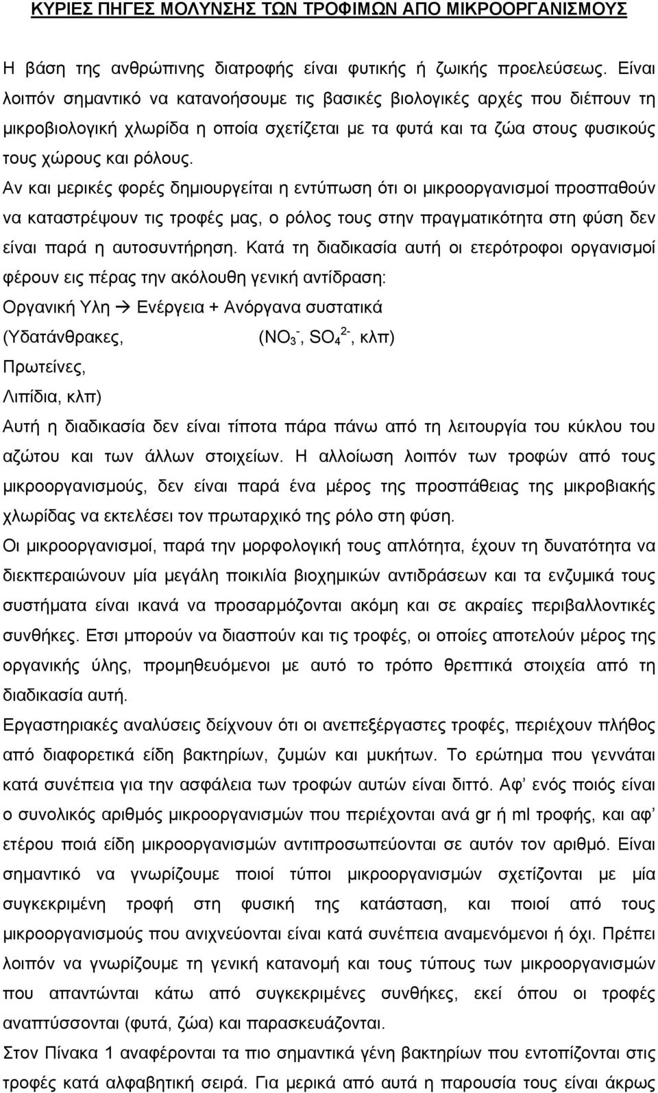 Αν και µερικές φορές δηµιουργείται η εντύπωση ότι οι µικροοργανισµοί προσπαθούν να καταστρέψουν τις τροφές µας, ο ρόλος τους στην πραγµατικότητα στη φύση δεν είναι παρά η αυτοσυντήρηση.