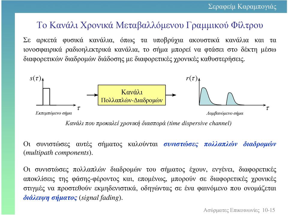 s(τ ) r(τ ) Εκπεµπόµενο σήµα τ Κανάλι Πολλαπλών- ιαδροµών Λαµβανόµενο σήµα Κανάλι που προκαλεί χρονική διασπορά (time dispersive cnnel) τ Οι συνιστώσες αυτές σήµατος καλούνται συνιστώσες πολλαπλών