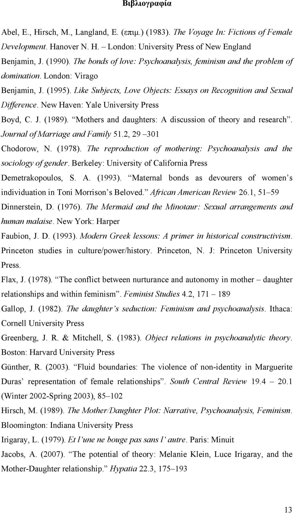 New Haven: Yale University Press Boyd, C. J. (1989). Mothers and daughters: A discussion of theory and research. Journal of Marriage and Family 51.2, 29 301 Chodorow, N. (1978).