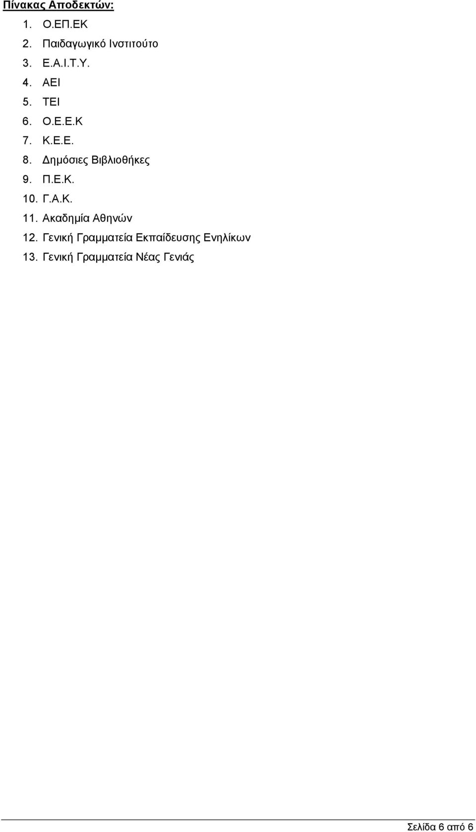 Π.Ε.Κ. 10. Γ.Α.Κ. 11. Ακαδημία Αθηνών 12.