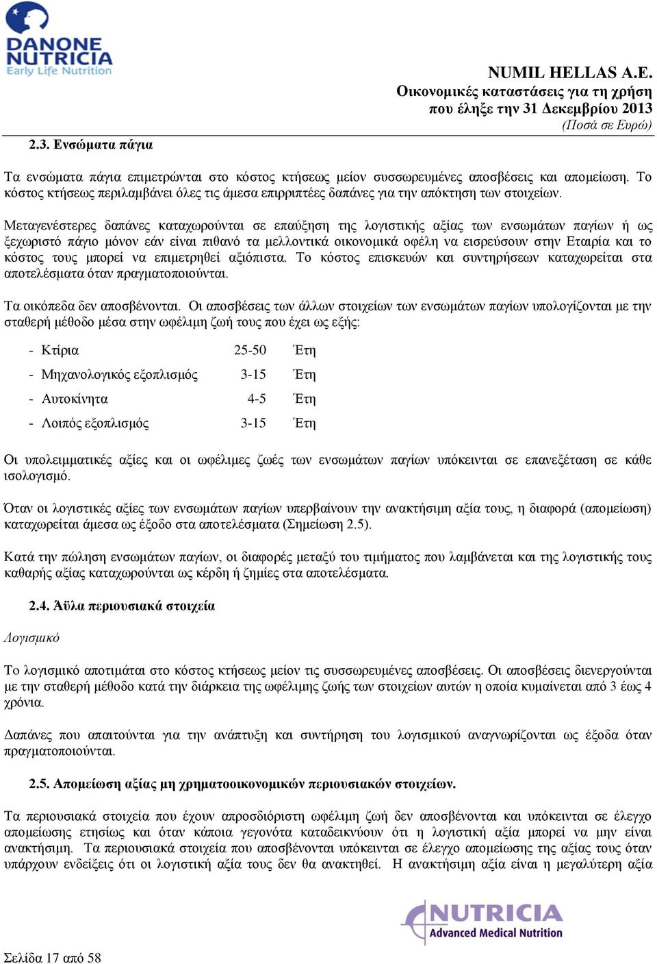 Μεταγενέστερες δαπάνες καταχωρούνται σε επαύξηση της λογιστικής αξίας των ενσωμάτων παγίων ή ως ξεχωριστό πάγιο μόνον εάν είναι πιθανό τα μελλοντικά οικονομικά οφέλη να εισρεύσουν στην Εταιρία και το