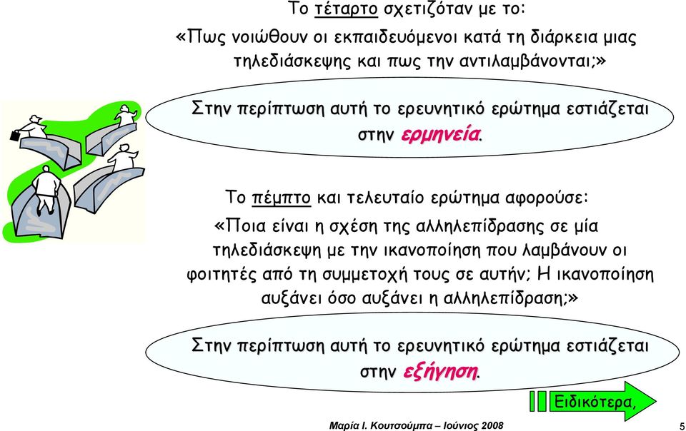 στην ερμηνεία Το πέμπτο και τελευταίο ερώτημα αφορούσε: «Ποια είναι η σχέση της αλληλεπίδρασης σε μία τηλεδιάσκεψη με την ικανοποίηση που