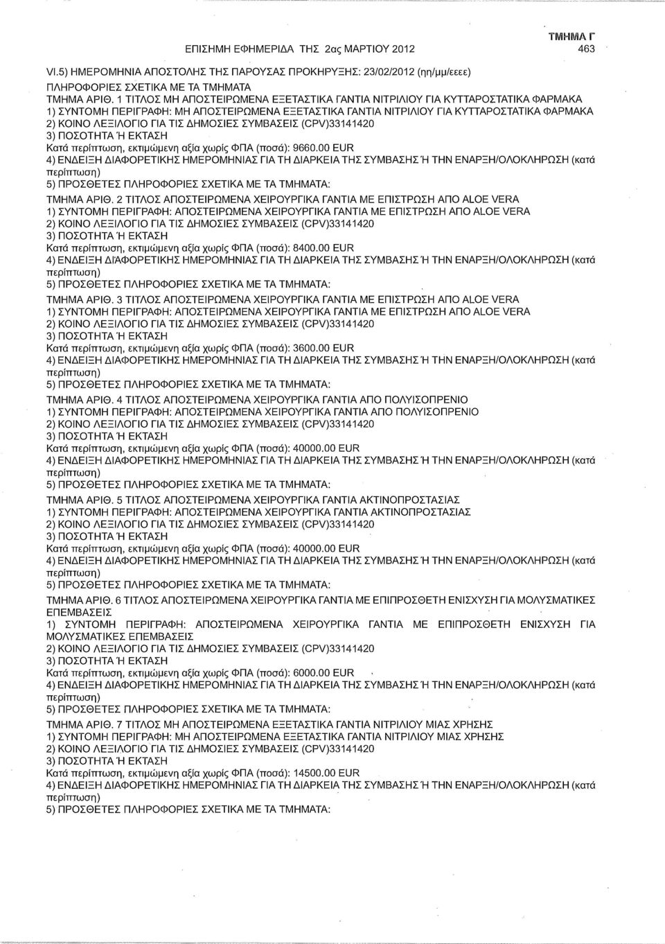 ΤΙΣ ΔΗΜΟΣΙΕΣ ΣΥΜΒΑΣΕΙΣ (CPV)33141420 3) ΠΟΣΟΤΗΤΑ Ή ΕΚΤΑΣΗ Κατά περίπτωση, εκτιμώμενη αξία χωρίς ΦΠΑ (ποσά): 9660.
