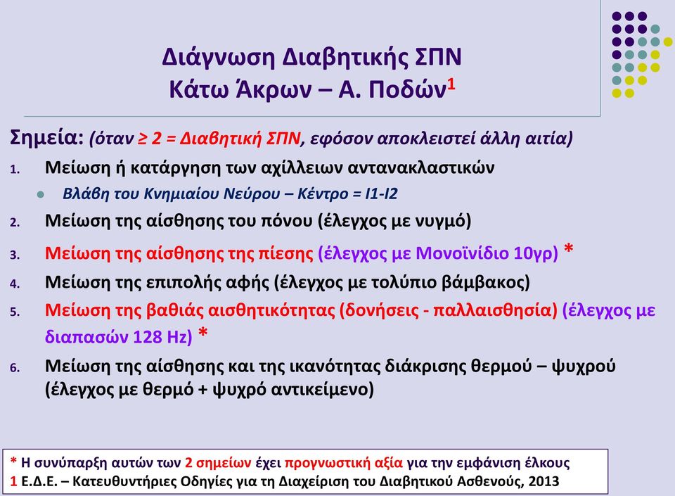 Μείωση της αίσθησης της πίεσης (έλεγχος με Μονοϊνίδιο 10γρ) * 4. Μείωση της επιπολής αφής (έλεγχος με τολύπιο βάμβακος) 5.