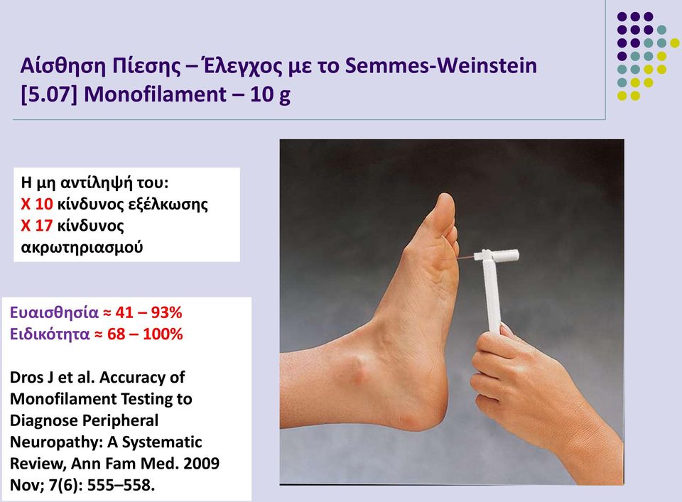 ακρωτηριασμού Ευαισθησία 41 93% Ειδικότητα 68 100% Dros J et al.
