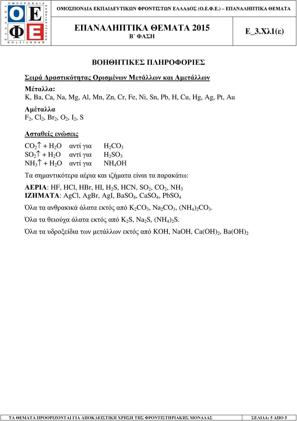 HBr, HI, H 2 S, HCN, SO 2, CO 2, NH 3 ΙΖΗΜΑΤΑ: AgCl, AgBr, AgI, BaSO 4, CaSO 4, PbSO 4 Όλα τα ανθρακικά άλατα εκτός από K 2 CO 3, Na 2 CO 3, (NH 4 ) 2 CO 3.