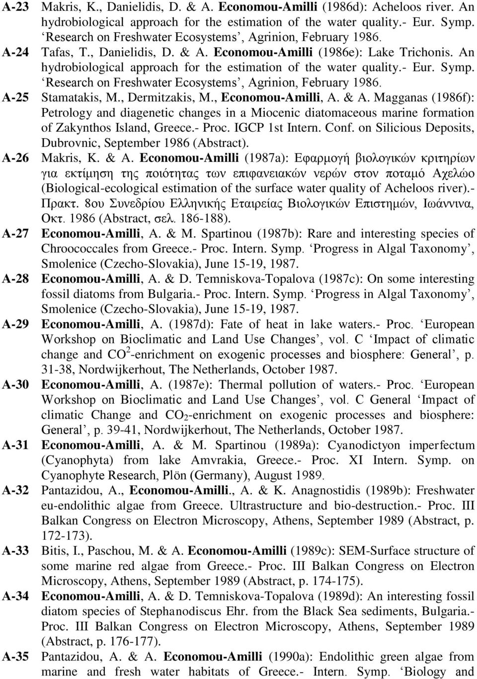 An hydrobiological approach for the estimation of the water quality.- Eur. Symp. Research on Freshwater Ecosystems, Agrinion, February 1986. Α-25 Stamatakis, M., Dermitzakis, M., Economou-Amilli, A.