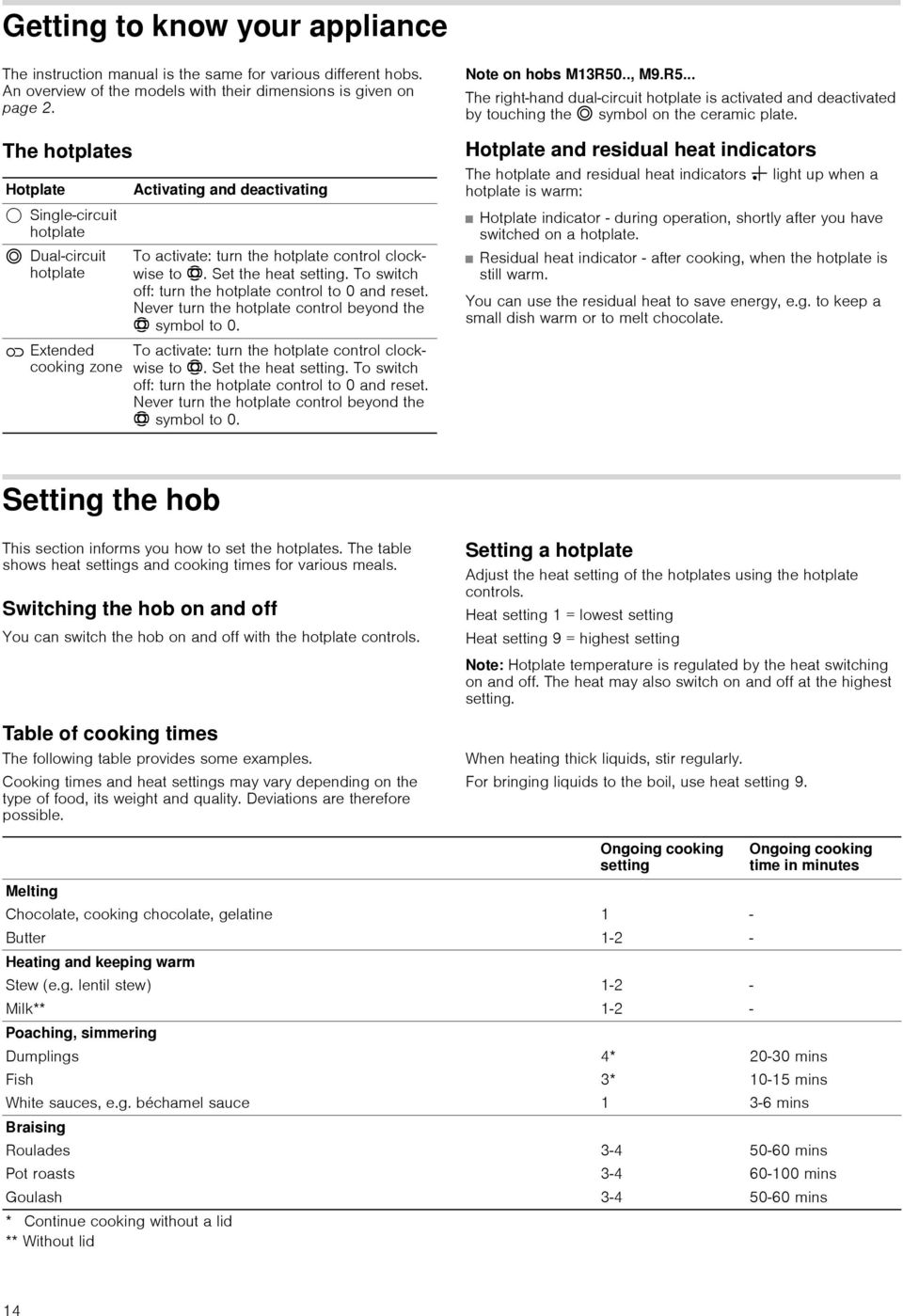 To switch off: turn the hotplate control to 0 and reset. Never turn the hotplate control beyond the ó symbol to 0. To activate: turn the hotplate control clockwise to ó. Set the heat setting.