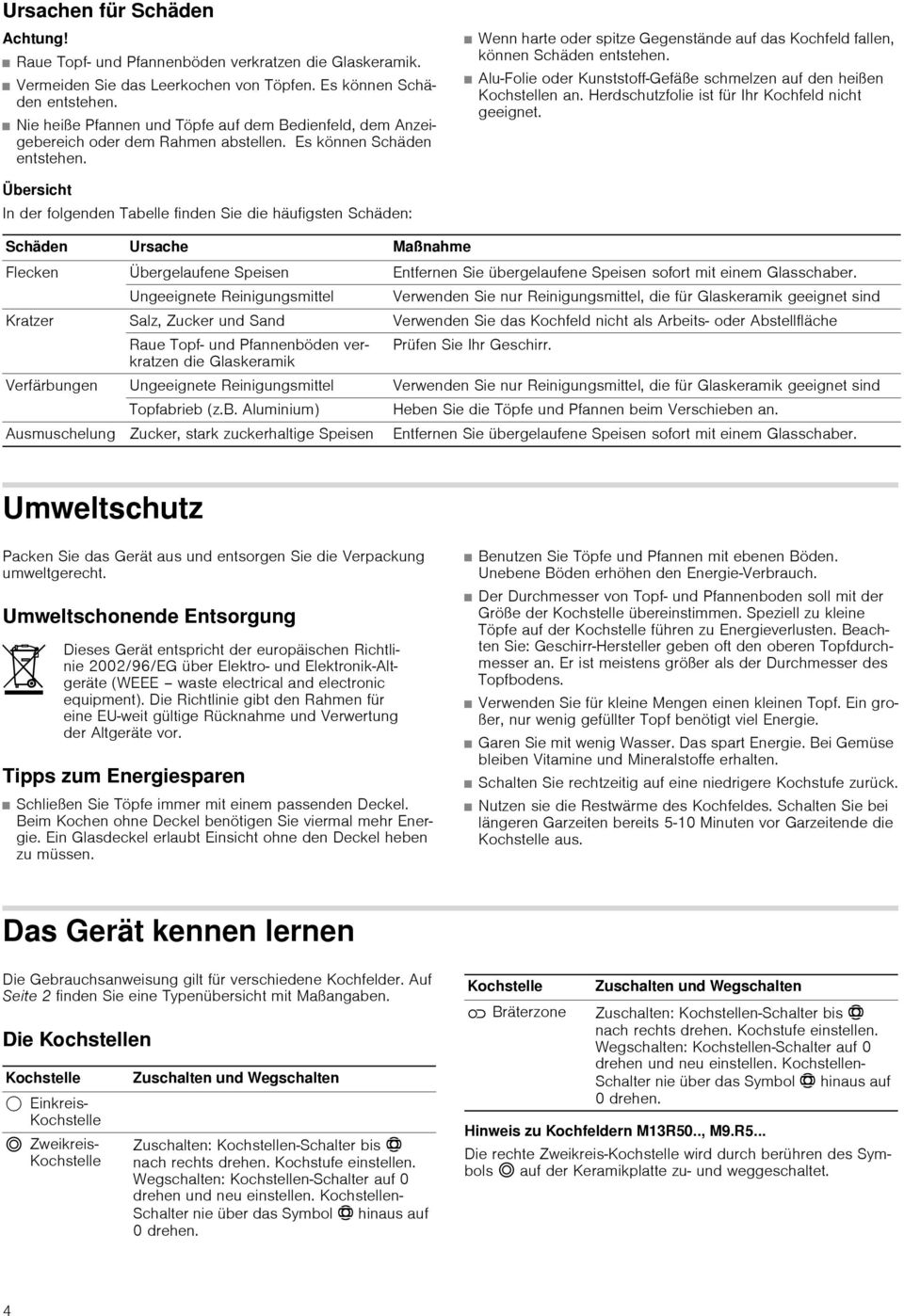 Wenn harte oder spitze Gegenstände auf das Kochfeld fallen, können Schäden entstehen. AluFolie oder KunststoffGefäße schmelzen auf den heißen Kochstellen an.
