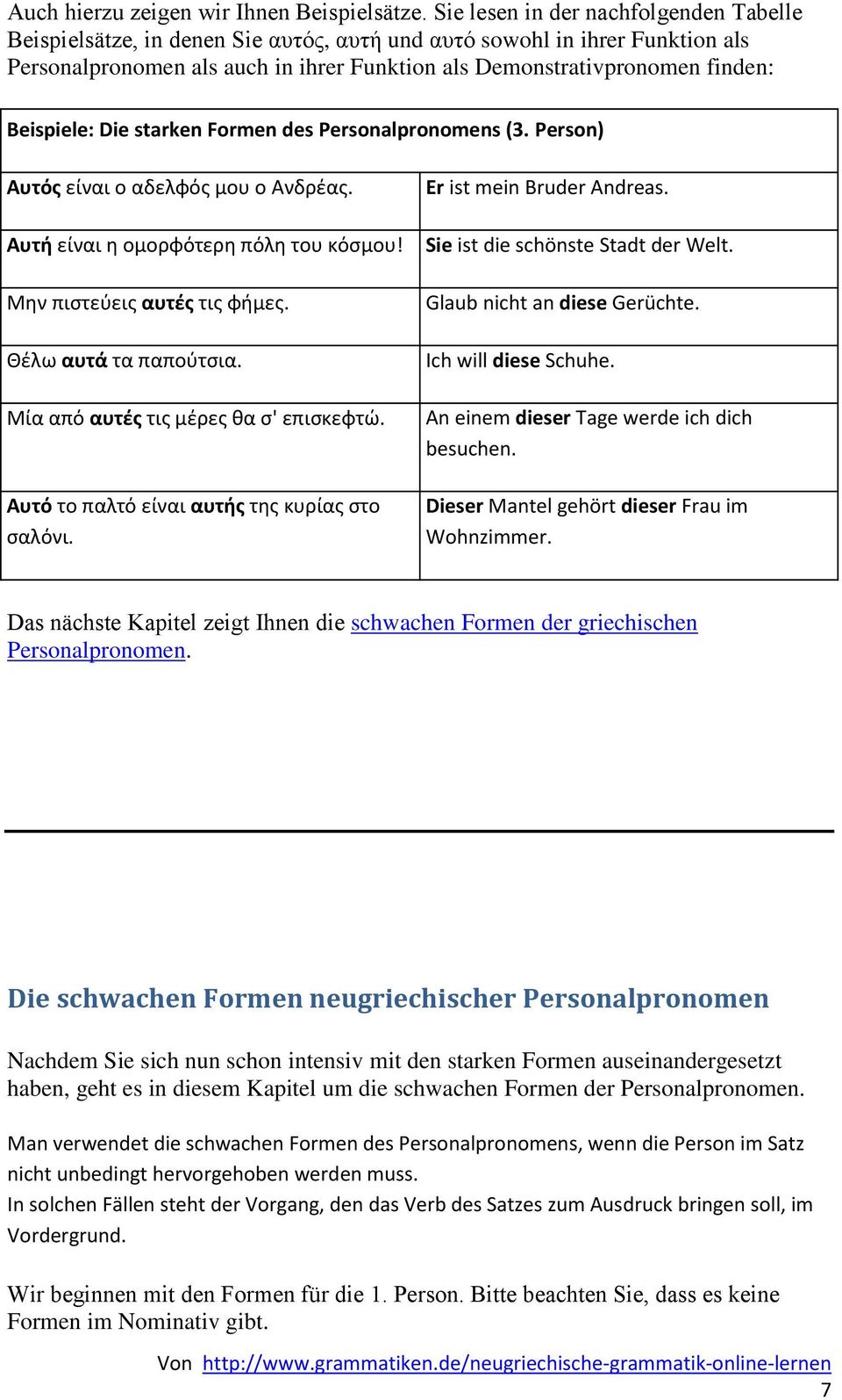 Beispiele: Die starken Formen des Personalpronomens (3. Person) Αυτόσ είναι ο αδελφόσ μου ο Ανδρζασ. Αυτι είναι θ ομορφότερθ πόλθ του κόςμου! Μθν πιςτεφεισ αυτζσ τισ φιμεσ. Θζλω αυτά τα παποφτςια.