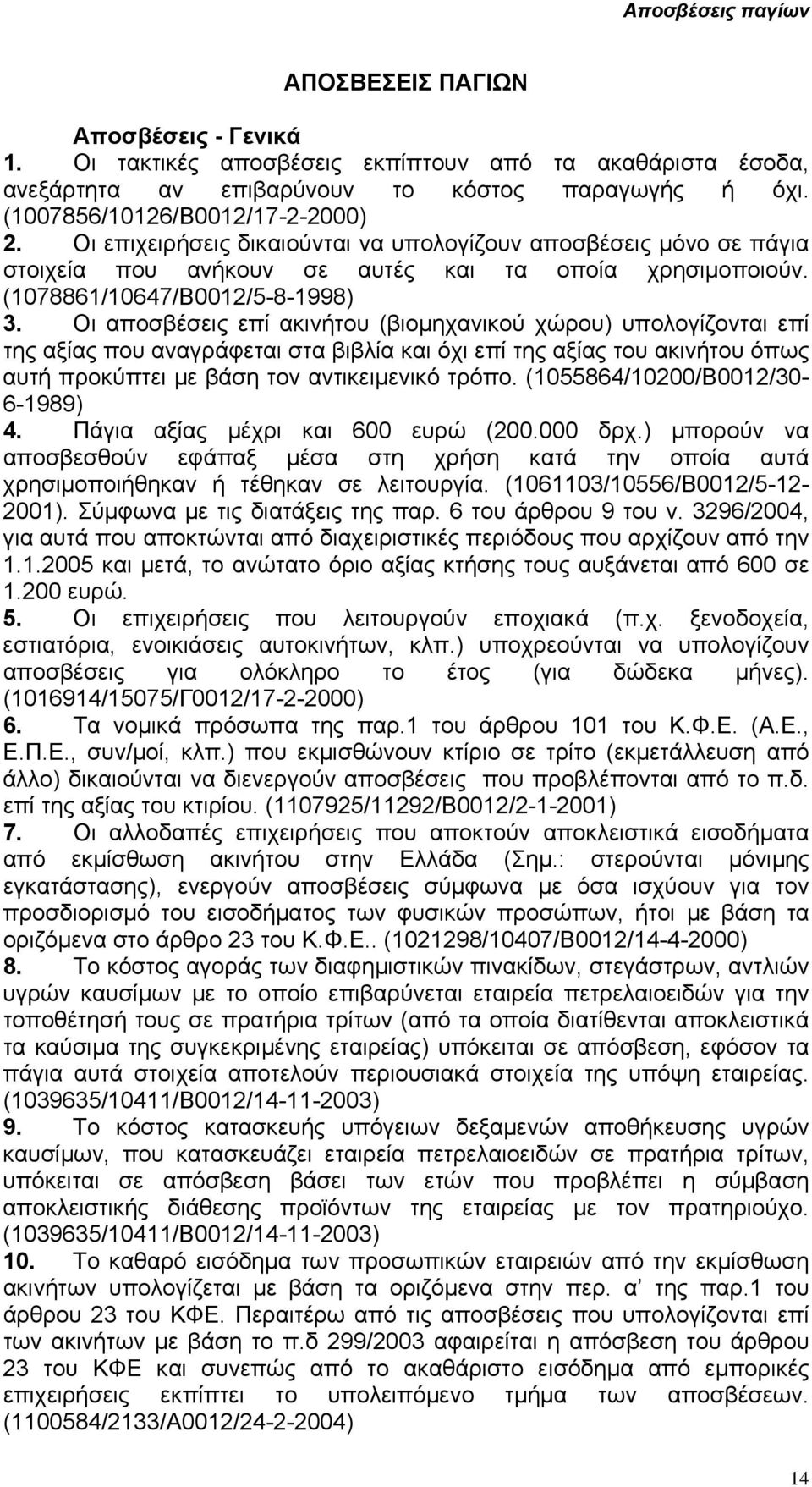 Οι αποσβέσεις επί ακινήτου (βιοµηχανικού χώρου) υπολογίζονται επί της αξίας που αναγράφεται στα βιβλία και όχι επί της αξίας του ακινήτου όπως αυτή προκύπτει µε βάση τον αντικειµενικό τρόπο.