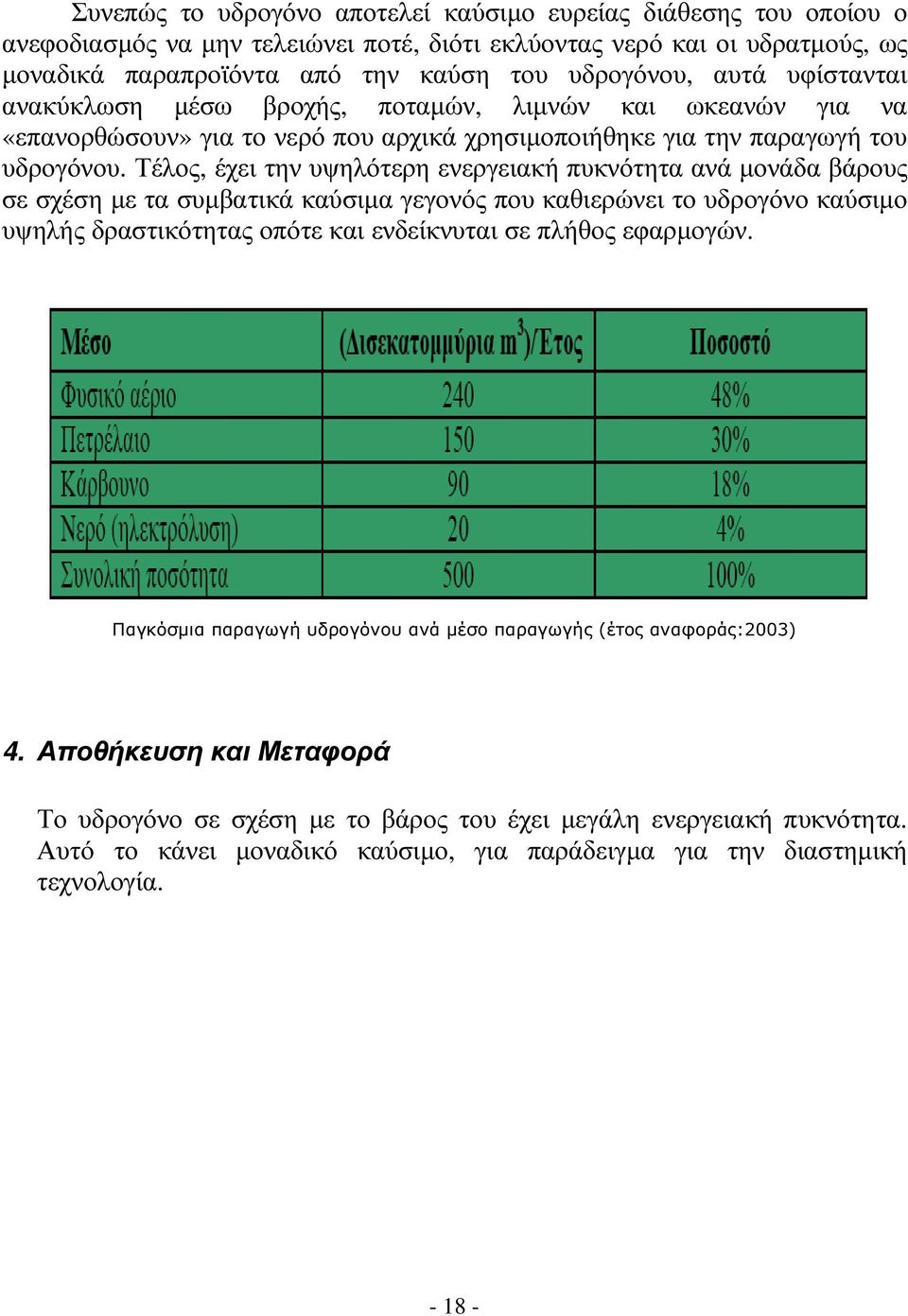 Τέλος, έχει την υψηλότερη ενεργειακή πυκνότητα ανά µονάδα βάρους σε σχέση µε τα συµβατικά καύσιµα γεγονός που καθιερώνει το υδρογόνο καύσιµο υψηλής δραστικότητας οπότε και ενδείκνυται σε πλήθος
