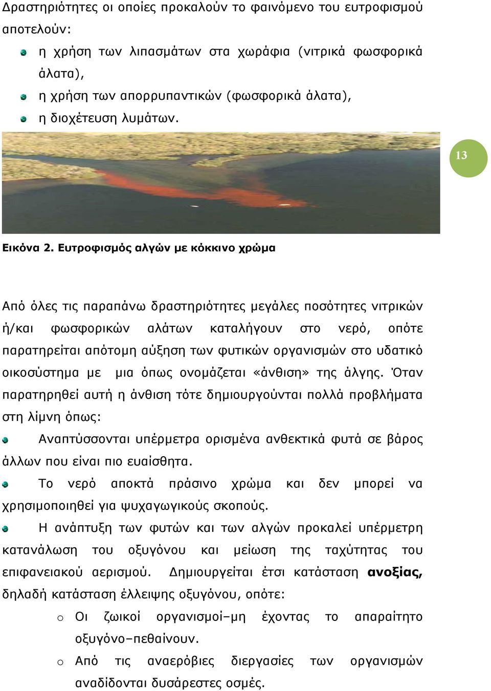 Ευτροφισµός αλγών µε κόκκινο χρώµα Από όλες τις παραπάνω δραστηριότητες µεγάλες ποσότητες νιτρικών ή/και φωσφορικών αλάτων καταλήγουν στο νερό, οπότε παρατηρείται απότοµη αύξηση των φυτικών